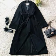 美品✨マックスマーラ マキシロングコート 女優襟 ダブル ブラック 42 大きめ マックスマーラ ロングコート ブラック 42 XL,LL 大きいサイズ