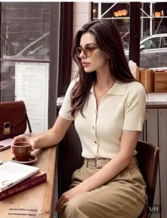 レディース ファッショナブル ポロカラー 半袖ニットTシャツ