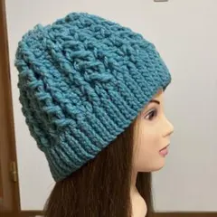 ターコイズブルー　青　水色　ニット　帽子　ニット帽　手編み　バケハ　ハット　秋冬