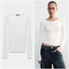 ZARA ビスコースロングスリーブTシャツ 長袖 ホワイト Sのサムネイル