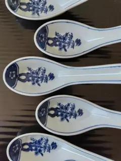 定窯　ブルー　松竹梅柄の陶器製レンゲ5本セット