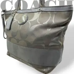 良品　コーチ　トートバッグ　キャンバス　エナメル　レザー　グレー　シグネチャー