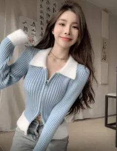 【送料無料即発送】Dazy 水色 襟付きニット 長袖