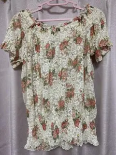 00s 姫カジ 古着 ラインストーンボタン 刺繍レース 花柄 シフォン 