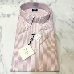 【未使用】鎌倉シャツ 白×桃ストライプ ドレスシャツ 17-37 コットン100