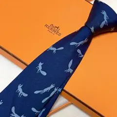HERMES エルメス ネクタイ ネイビー ブルー 動物柄 キツネ柄 紺