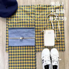 美品！ 大島紬 黄八丈 イエロー ブルー チェック柄 着物 小紋 身丈159cm