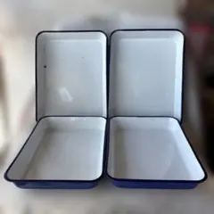 昭和レトロ　ホーローバッド　4枚セット　青×白