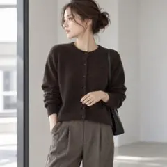 H&M クルーネック ニットカーディガン ダークブラウン S 秋冬