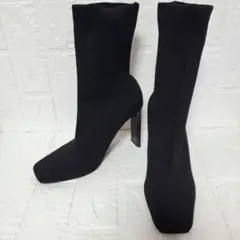 ZARA ソックスブーツ スクエアトゥ ブラック ヒール 美シルエット約25cm