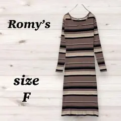 ルーミーズ（F）リブニットワンピース　Vネック　ボーダー　長袖　マルチカラー