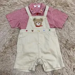 ミキハウス レッド 襟付き チェック シャツ サロペット セット 80