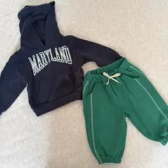ネイビー フード付きトレーナーとグリーンパンツセット 90cm95cm