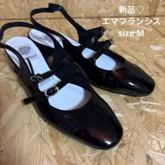 新品♡エマフランシス黒エナメルダブルストラップミュールパンプスレイン対応Mサイズ