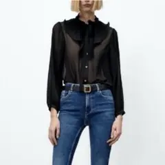 新品タグ付き ZARA ボウタイブラウス プリーツ 長袖 シアー ブラック Sのサムネイル