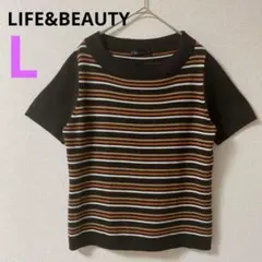 【LIFE&BEAUTY】 半袖ニット　カットソー　 ブラウン　ボーダー　モダンのサムネイル