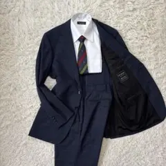 美品☆【レミュー】アオキ　洗えるスーツ　ネイビー チェック　背抜き　春夏A5 Mのサムネイル