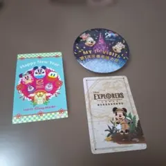 香港ディズニーランド 20周年 缶バッジ　エクスプローラーロッジカード他