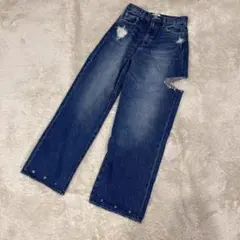 みちょぱコラボ　SIDE RIPPED HEMデザインワイドデニムパンツ　S