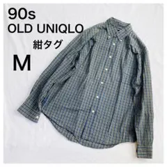 90sユニクロ紺タグUNIQLOメンズ長袖チェックシャツM緑オールド古着y2k