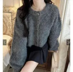 GRLグレーのモヘア風クロップドニットカーディガン