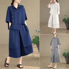 オシャレ アシンメトリー ブラウス ゴムウエスト ワイドパンツ セットアップ上下
