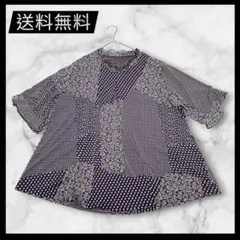 レトロ花柄チュニック パッチワーク風 フリル袖 ゆったり体型カバー Aライン