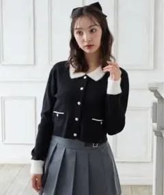 フェザー襟配色ニットカーディガン