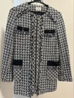 【ランバンオンブルー】 ノーカラー ツイードジャケット ネイビー ホワイト