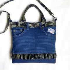 ハンドメイド デニムリメイク トートバッグ ショルダー紐付き A4サイズ対応