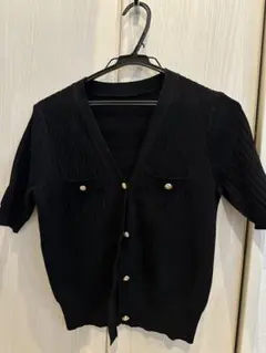 リブ編み黒ショートスリーブカーディガン