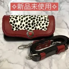 レザーダルメシアン柄 ハラコ牛革レッド＆ブラック ショルダーバッグ 長財布