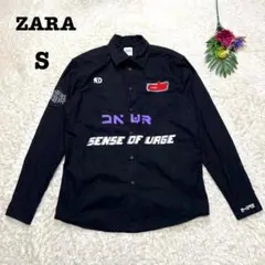 ザラ　メンズ　長袖プリントシャツ　ワッペン　羽織り　カジュアル　綿　ブラック　S