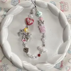 No.71ビーズストラップスマホストラップシルバー紫くまリボンハートy2k