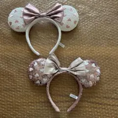 ディズニー　カチューシャ　2個　スパンコール　リボン　ハート　ピンク　ホワイト