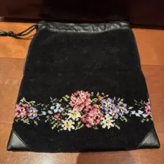 FEILER花柄刺繍 黒 巾着ポーチ 中型