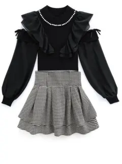 GRL パールリボンフリルショルダーオープントップス 千鳥柄スカート セット
