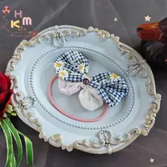 チェック＆マーガレット　リボン　ヘアゴム　ラインストーン　シリコン　ハンドメイド