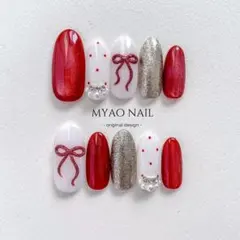 赤 マグネット ガーリー リボン ドット柄 ネイルチップ