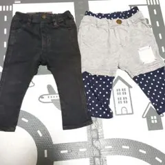 80サイズ 黒デニムとドット柄パンツセット