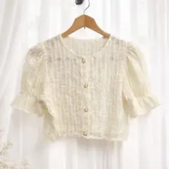 新品未使用訳あり　アイボリー フリル付きショートスリーブシャツ レトロガール