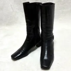 本革 ミドル丈 サイドスリットゴム入り ブーツ バックル付き 黒 23.5EE