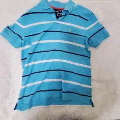 NAUTICA ノーティカ ポロシャツ XL ボーダー 刺繍ロゴ 水色 半袖