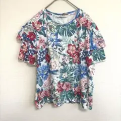 ザラ　ZARA 花柄Tシャツ　半袖カットソー　ボタニカル　春夏　カジュアル　Lのサムネイル