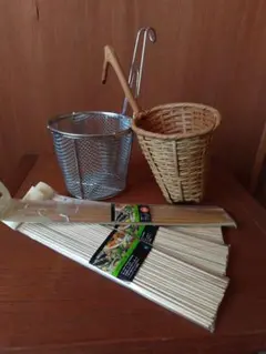 湯切りざる竹製とステンレス 竹製バーべキュー串 すす竹菜箸セット オマケ付き