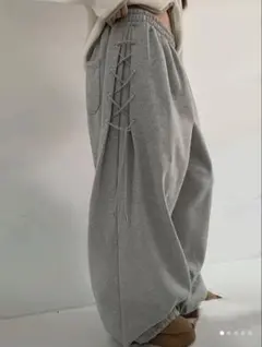 グレー レースアップ ワイドスウェットパンツ
