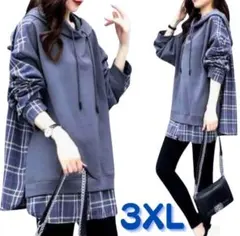 3XL レディース パーカーチュニックワンピースチェック長袖大きいサイズゆったり