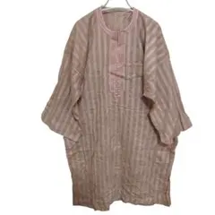 1点物✨ピンクベージュ ストライプ柄 ワンピース 刺繍ポケットつき ゆったり春夏