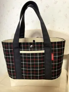 ハンドメイド⚫︎帆布トートバッグ白×黒チェック/ショルダー/ポーチ