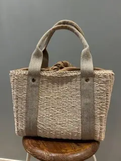 ベージュ かごバッグ ストローと布製
